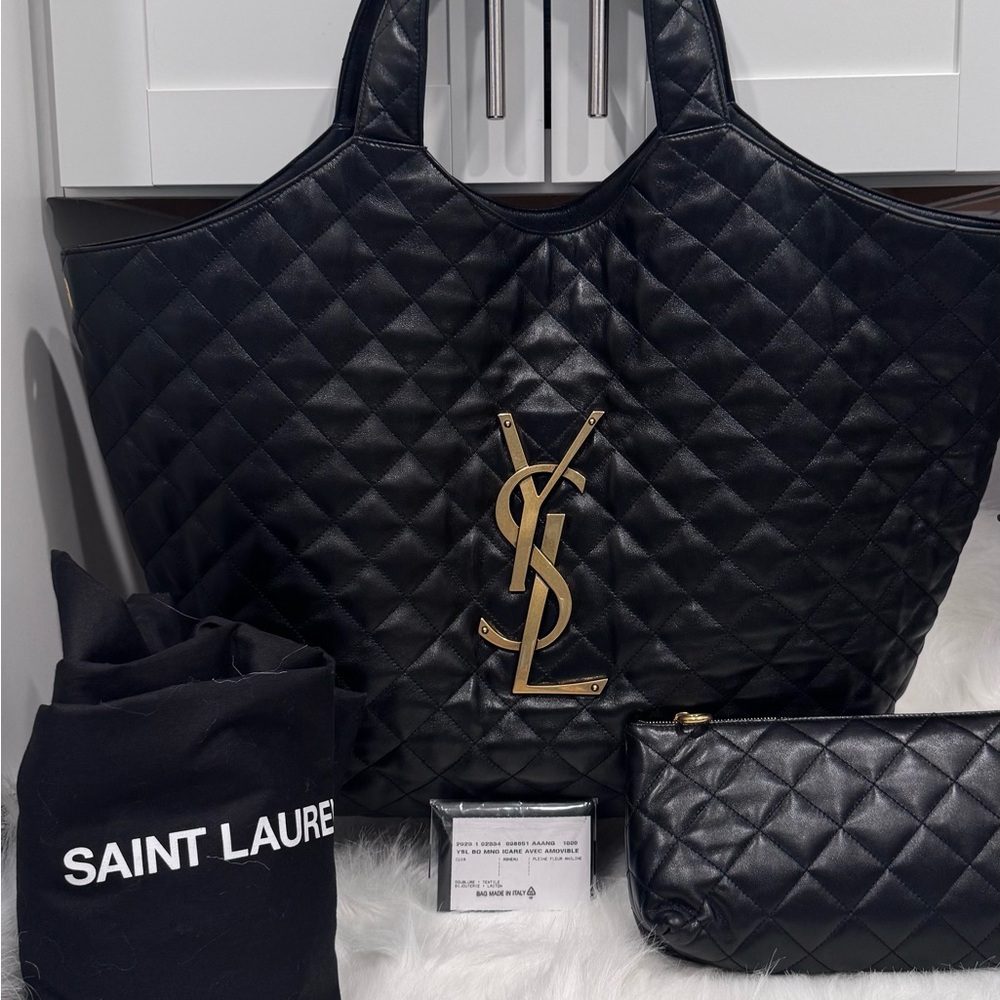 Saint Laurent Quilted Black Tote with Gold Logo